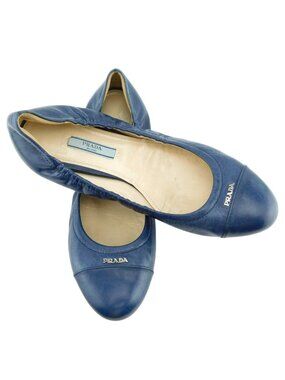 PRADA Logo Cap Toe Deep Blue Leather Ballet Flats Shoes 38